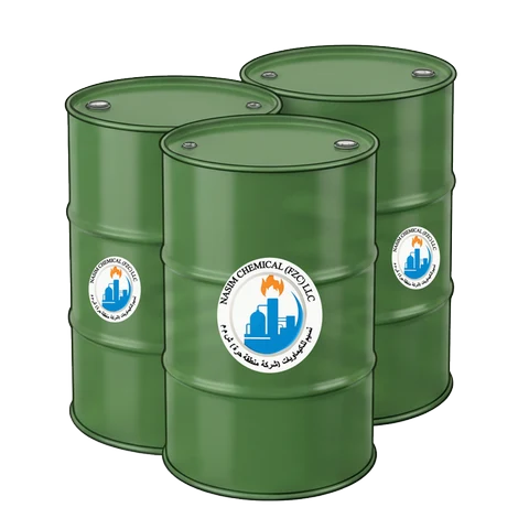 Three green steel drums with the Nasim Chemical label