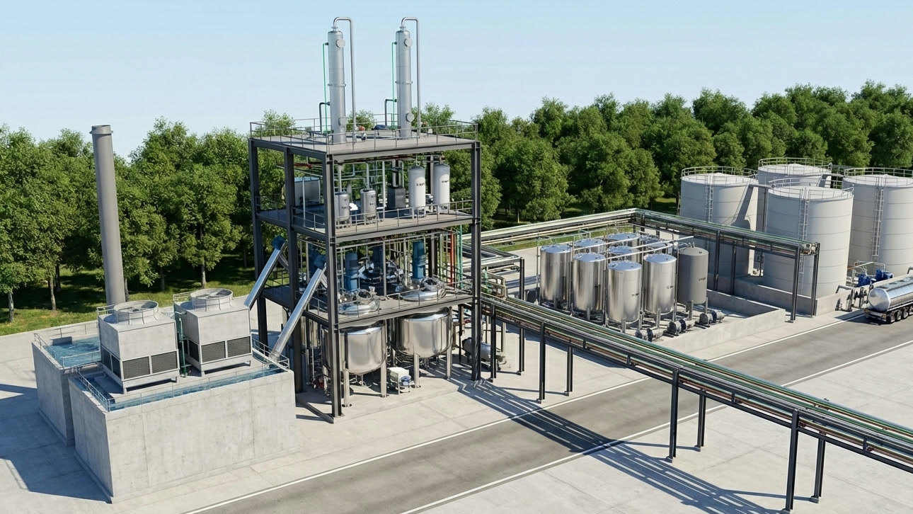 The Nasim Chemical plant: process tower, storage tanks and a tanker at the loading bay