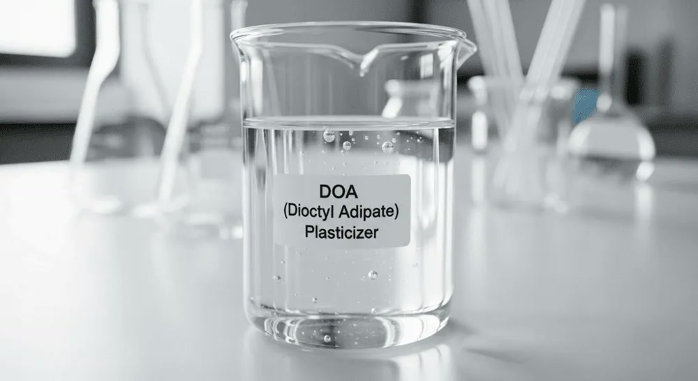 A beaker of clear DOA plasticizer on a lab bench