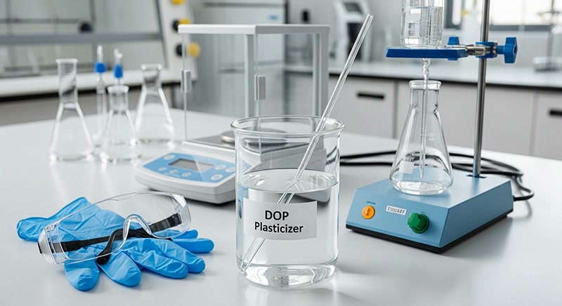 A beaker of clear DOP plasticizer on a lab bench